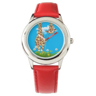 schattige giraf in gras en bloemen horloge