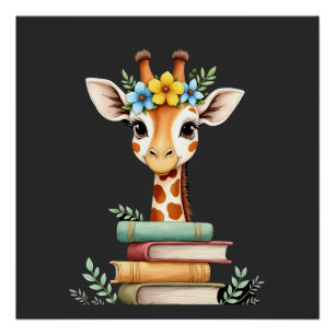 Schattige Giraf Met Bloem Boek Bloem Boekworm Bibl Perfect Poster
