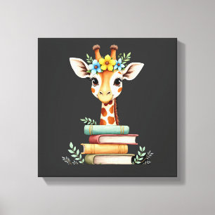 Schattige Giraffe Met Bloem Boek Boekenwurm Biblio Canvas Afdruk