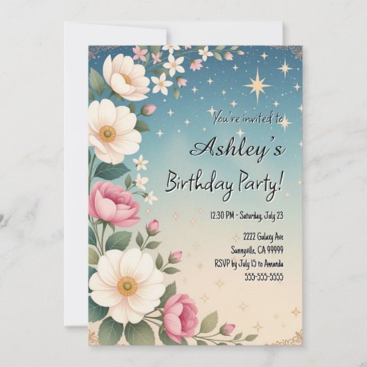 Schattige Girl's Space & Flower Thema Verjaardagsf Kaart (Voorkant)