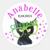 Schattige Girly Black Cat Roze Groen Glitter Water Ronde Sticker (Voorkant)