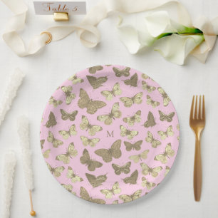 Schattige Girly Gold Pink Butterfly Pattern Monogr Papieren Bordje