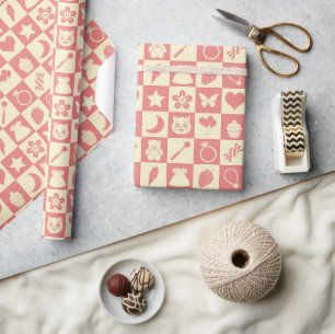 Schattige Girly Modern Roze Geruite Iconen Patroon Cadeaupapier