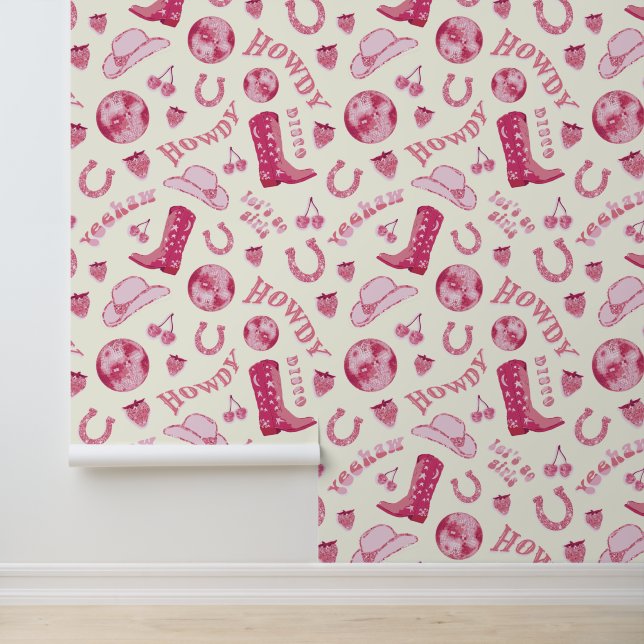 Schattige Girly Pink Disco Cowgirl Esthetisch Behang (Applicatie)