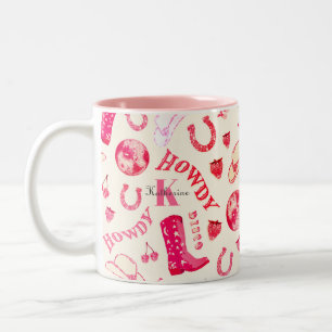 Schattige Girly Pink Disco Cowgirl Naam Monogram Tweekleurige Koffiemok