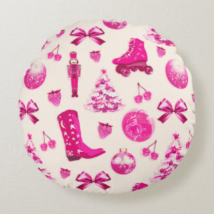 Schattige Girly Preppy Roze Kerstpatroon Rond Kussen
