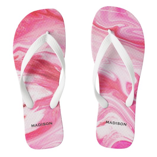Schattige girly rood roze marmer art monogram teenslippers (Voetbed)