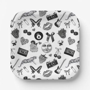 Schattige Girly Zwart Wit Esthetisch Patroon Papieren Bordje