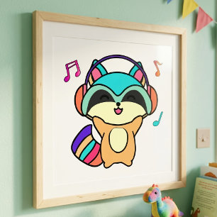 Schattige glimlachende Kawaii Baby Wasbeer met Hoo Foto Afdruk