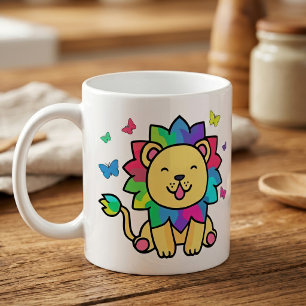 Schattige glimlachende Kawaii Leeuw met Vlinders C Koffiemok