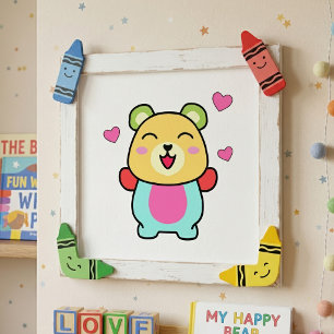 Schattige glimlachende Kawaii Teddibeer met Liefde Foto Afdruk