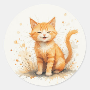 Schattige Glimlachende Oranje Kat Kleintje Huisdie Ronde Sticker