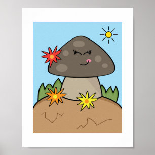 Schattige glimlachende paddestoel Zonnige bos ku Poster