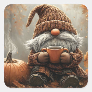 Schattige Gnome met Hot Cocoa naast een pompoen Vierkante Sticker