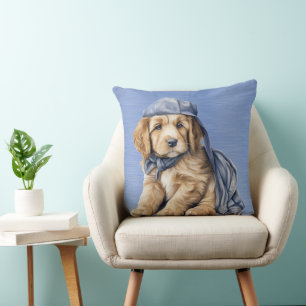 SCHATTIGE GOLDEN RETRIEVER PUPPY MET BLAUW PET KUSSEN