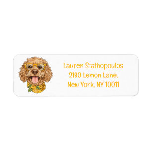 Schattige Goldendoodle Hond Zonnebril Sinaasappels Etiket