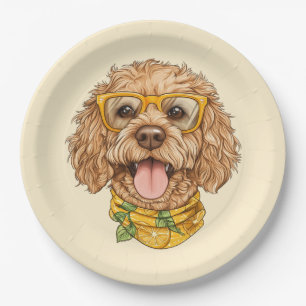 Schattige Goldendoodle Hond Zonnebril Sinaasappels Papieren Bordje