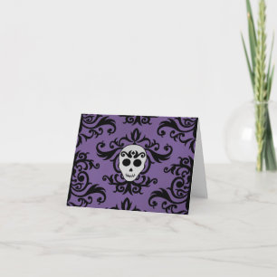 Schattige gotisch glam girly schedel damast zwart  bedankkaart