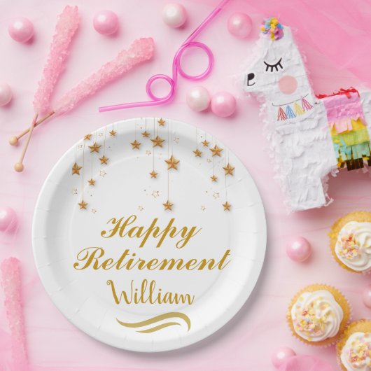 Schattige goud & wit script Happy Retirement Papieren Bordje (Feest)