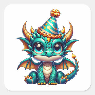 Schattige gouden en turquoise draak jongens verjaa vierkante sticker