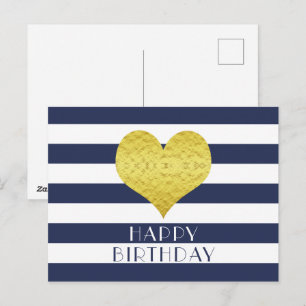 Schattige gouden hart blauw en wit Happy Birthday Briefkaart
