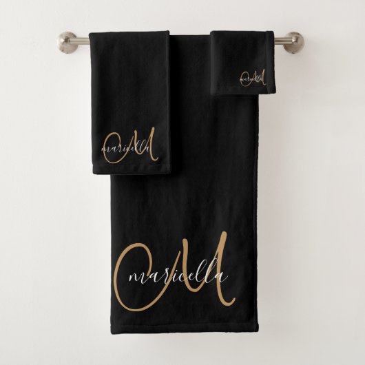Schattige gouden monogram scriptnaam zwart bad handdoek (Insitu)