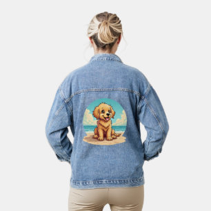 Schattige gouden puppy op een zonnige strandscène denim jacket