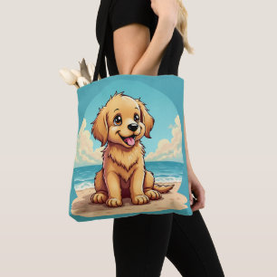 Schattige gouden puppy op een zonnige strandscène draagtas