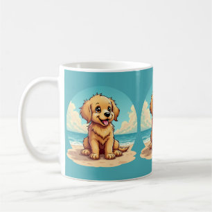 Schattige gouden puppy op een zonnige strandscène koffiemok