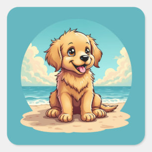 Schattige gouden puppy op een zonnige strandscène vierkante sticker
