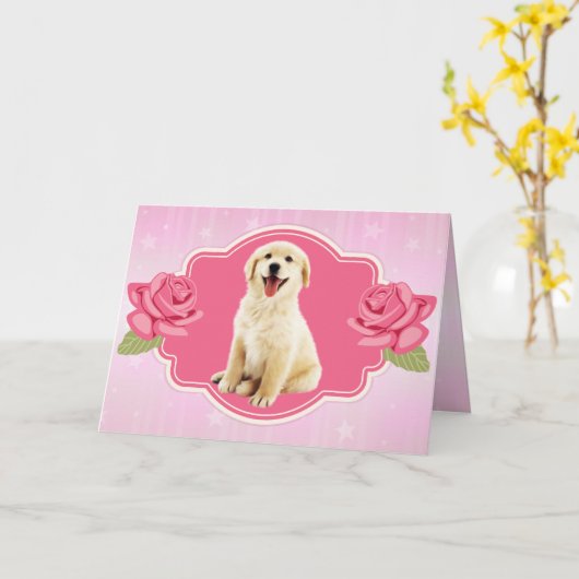 Schattige Gouden Retriever Puppy Moederdag Kaart (Gele Bloem)