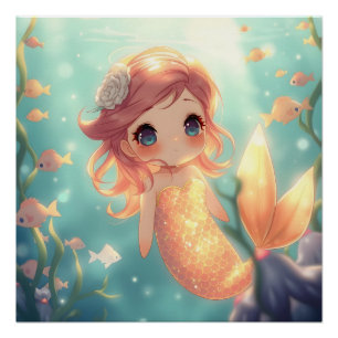 Schattige gouden zeemeermin in onderwaterwereld perfect poster