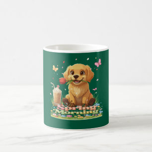 Schattige Goudharige Retriever Puppy Lente Ochtend Koffiemok