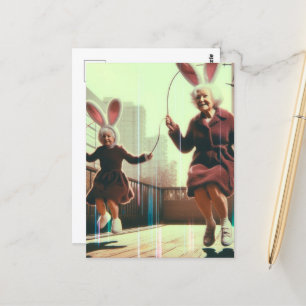 Schattige Granny Easter Bunnies Jumping Rope Glitc Briefkaart