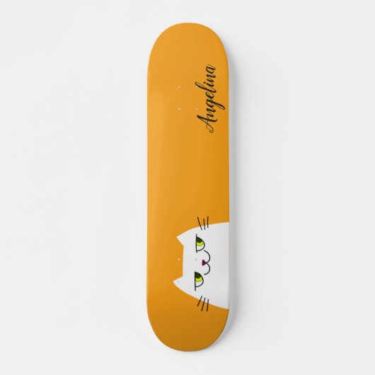 Schattige Grappig Eenvoudig Wit Kat Geel Monogram Skateboard (Voorkant)