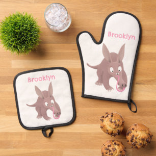 Schattige grappige aardvark cartoon ovenwant & pannenlap set