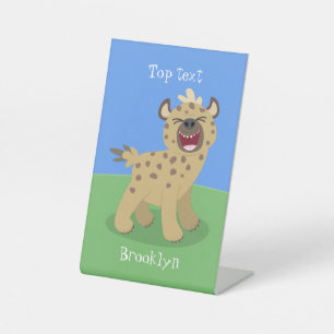 Schattige grappige hyena lachende cartoonillustrat reclamebord met voetstuk