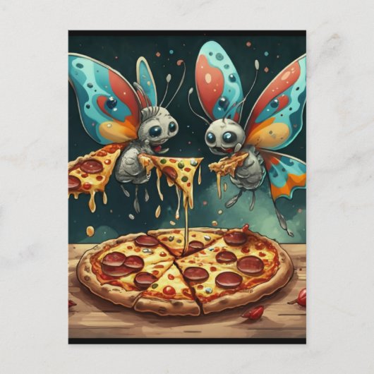 Schattige grappige insecten die een pizza eten gra briefkaart (Voorkant)