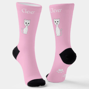 Schattige Grappige Witte Kat & Pootjes op Licht Ro Sokken