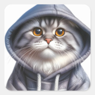 Schattige Grijs en Wit Tabby Cat Dragen een Hoodie Vierkante Sticker