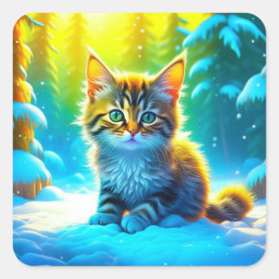 Schattige grijs kerst kitten spelen in de sneeuw vierkante sticker