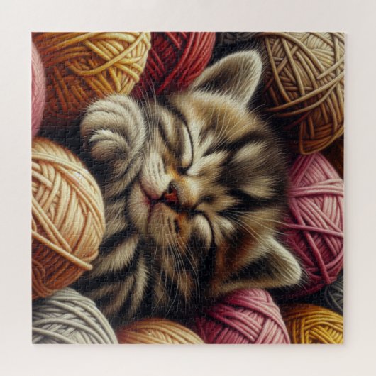 Schattige Grijs Kitten Napping in Balls of Yarn Legpuzzel (Horizontaal)