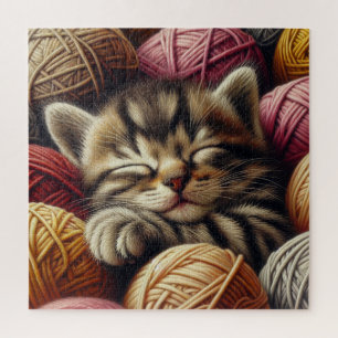 Schattige Grijs Kitten Napping in Balls of Yarn Legpuzzel