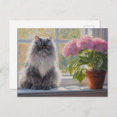 Schattige Grijs Perzisch Kat met Roze Bloeiend Pla Feestdagenkaart (Voorkant / Achterkant)