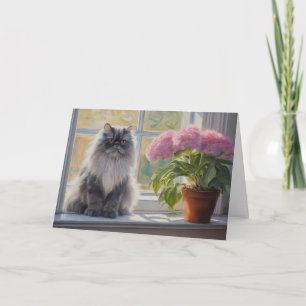 Schattige Grijs Perzisch Kat met Roze Bloeiend Pla Kaart