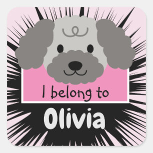 Schattige grijs poedel buddy met roze gepersonalis vierkante sticker