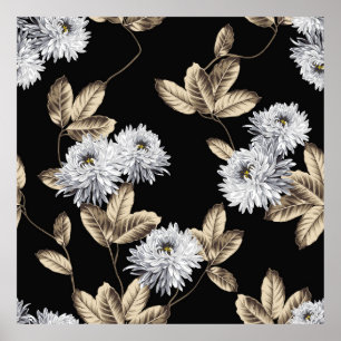 schattige grijze bloemen met bruin bladpatroon op poster