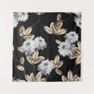 schattige grijze bloemen met bruin bladpatroon op wandkleed