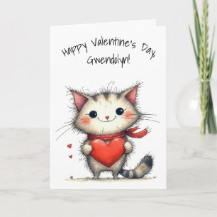 Schattige grijze en witte kat Gelukkige Valentijns Kaart