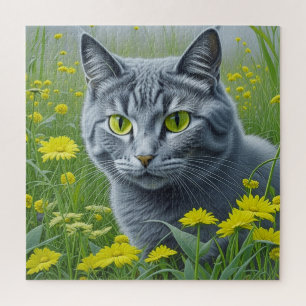 Schattige grijze kat met gele ogen Ai-kunst Legpuzzel
